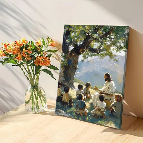 Multicolor_Jesus_Teaching_Children_Canvas_Wall_Art_Christian_Jesus_with_Children_Poster_Print_Religious_Faith_Wall_Decor_Pictures_|_For_Living_Room_Bedroom_Church_Decoration,_12X16in