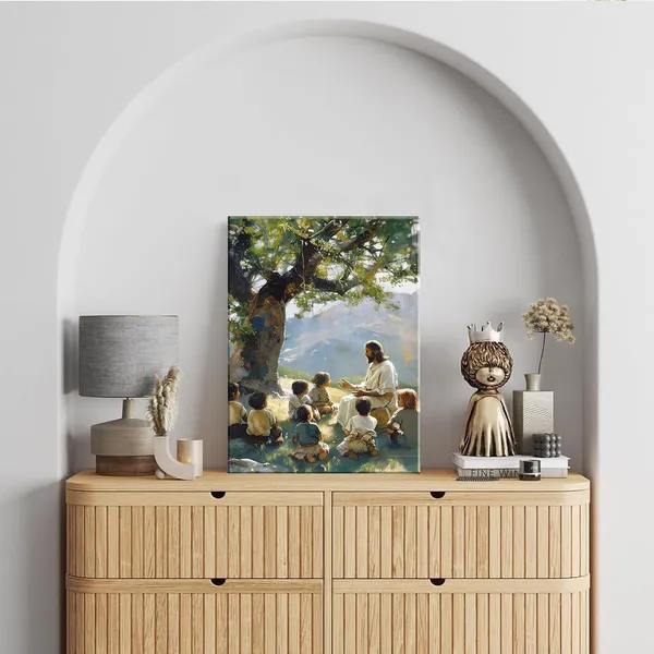 Multicolor_Jesus_Teaching_Children_Canvas_Wall_Art_Christian_Jesus_with_Children_Poster_Print_Religious_Faith_Wall_Decor_Pictures_|_For_Living_Room_Bedroom_Church_Decoration,_12X16in
