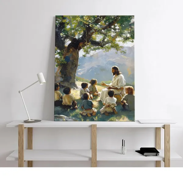 Multicolor_Jesus_Teaching_Children_Canvas_Wall_Art_Christian_Jesus_with_Children_Poster_Print_Religious_Faith_Wall_Decor_Pictures_|_For_Living_Room_Bedroom_Church_Decoration,_12X16in