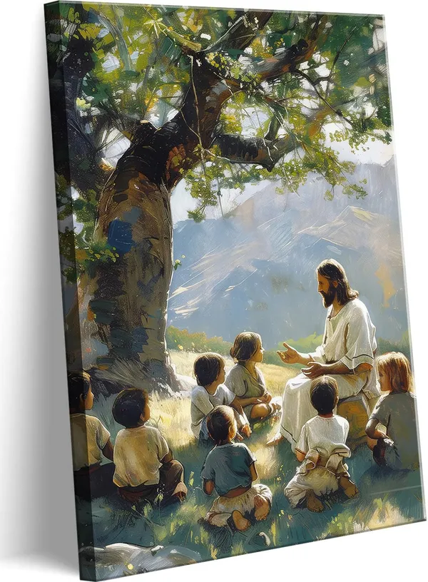 Multicolor_Jesus_Teaching_Children_Canvas_Wall_Art_Christian_Jesus_with_Children_Poster_Print_Religious_Faith_Wall_Decor_Pictures_|_For_Living_Room_Bedroom_Church_Decoration,_12X16in