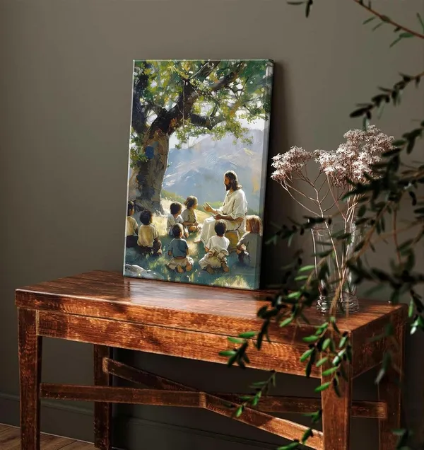 Multicolor_Jesus_Teaching_Children_Canvas_Wall_Art_Christian_Jesus_with_Children_Poster_Print_Religious_Faith_Wall_Decor_Pictures_|_For_Living_Room_Bedroom_Church_Decoration,_12X16in