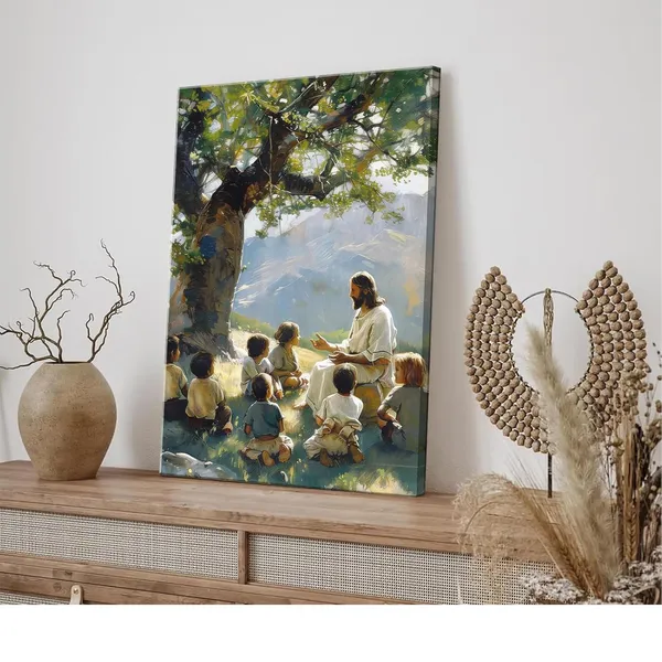 Multicolor_Jesus_Teaching_Children_Canvas_Wall_Art_Christian_Jesus_with_Children_Poster_Print_Religious_Faith_Wall_Decor_Pictures_|_For_Living_Room_Bedroom_Church_Decoration,_12X16in