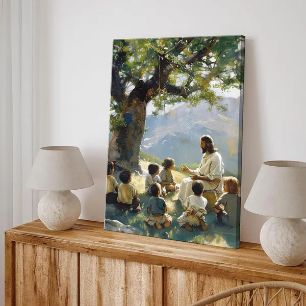 Multicolor_Jesus_Teaching_Children_Canvas_Wall_Art_Christian_Jesus_with_Children_Poster_Print_Religious_Faith_Wall_Decor_Pictures_|_For_Living_Room_Bedroom_Church_Decoration,_12X16in