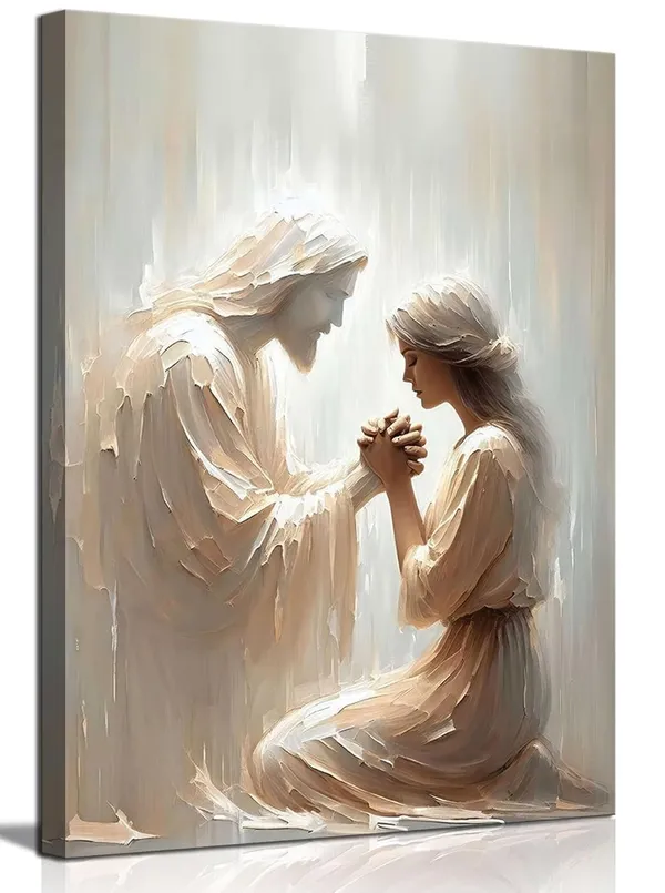 Multicolor_Jesus_Canvas_Wall_Art_Christian_Jesus_and_Woman_Prayer_wall_decoration_pictures_Bible_Art,_Jesus_Heals_A_Woman_Always_With_You_Prints_Poster_|_For_Living_room,_bedroom,_church_decoration_Prepare_to_hang