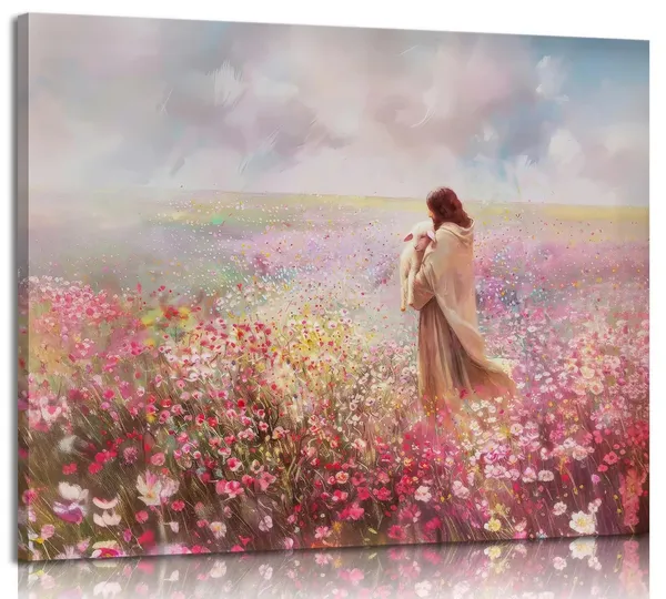 Multicolor_Jesus_and_Lamb_Canvas_Wall_Art_The_Lost_Lamb_Christian_Painting_Picture_Wall_Decor_God_Religious_Belief_Poster_Print_Artwork_|_For_Church_Bedroom_Living_Room_Home_Decoration,16x12in_Canvas
