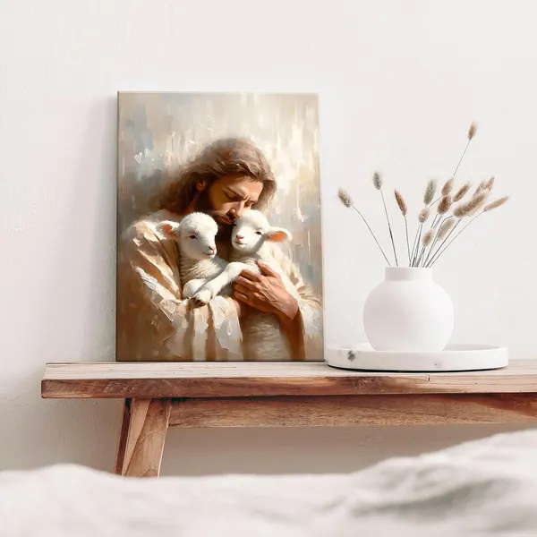 Multicolor_Jesus_and_Lambs_Canvas_Wall_Art_Jesus_Christ_The_Good_Shepherd_Wall_Decor_Picture_Jesus_Rescues_Little_Lambs_Religious_Poster_Print_|_For_Living_Room_Bedroom_Home_Decoration,12x16in