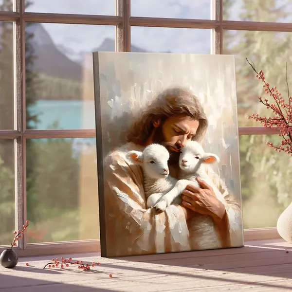 Multicolor_Jesus_and_Lambs_Canvas_Wall_Art_Jesus_Christ_The_Good_Shepherd_Wall_Decor_Picture_Jesus_Rescues_Little_Lambs_Religious_Poster_Print_|_For_Living_Room_Bedroom_Home_Decoration,12x16in