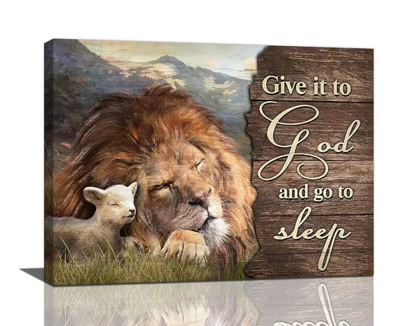 Multicolor_Lion_and_Lamb_Wall_Art_Christian_Religious_Pictures_Canvas_Wall_Decor_Give_it_to_God_Painting_Prints_Framed_Artwork_Decor_|_For_Church_Living_Room_Bedroom_12"x16"