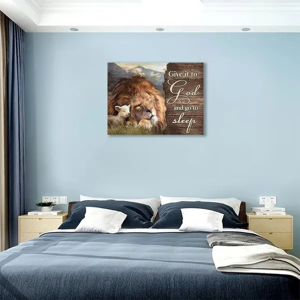 Multicolor_Lion_and_Lamb_Wall_Art_Christian_Religious_Pictures_Canvas_Wall_Decor_Give_it_to_God_Painting_Prints_Framed_Artwork_Decor_|_For_Church_Living_Room_Bedroom_12"x16"