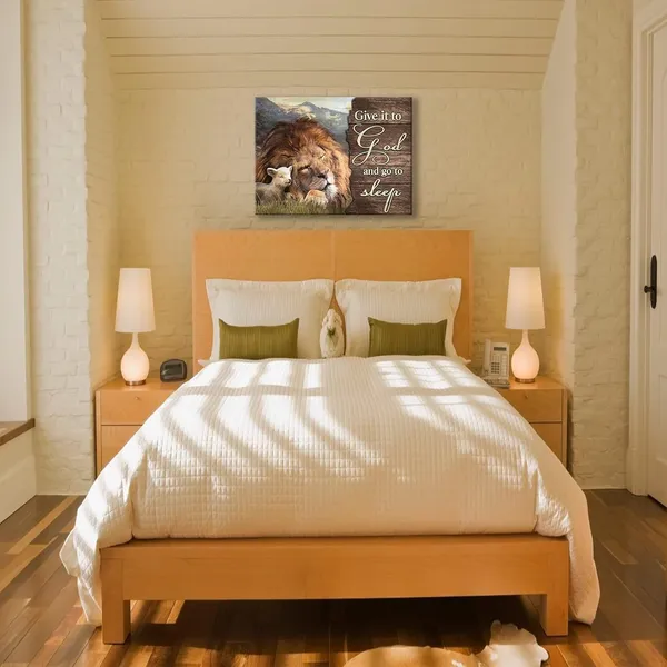 Multicolor_Lion_and_Lamb_Wall_Art_Christian_Religious_Pictures_Canvas_Wall_Decor_Give_it_to_God_Painting_Prints_Framed_Artwork_Decor_|_For_Church_Living_Room_Bedroom_12"x16"