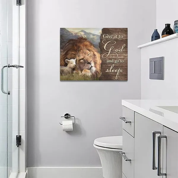 Multicolor_Lion_and_Lamb_Wall_Art_Christian_Religious_Pictures_Canvas_Wall_Decor_Give_it_to_God_Painting_Prints_Framed_Artwork_Decor_|_For_Church_Living_Room_Bedroom_12"x16"