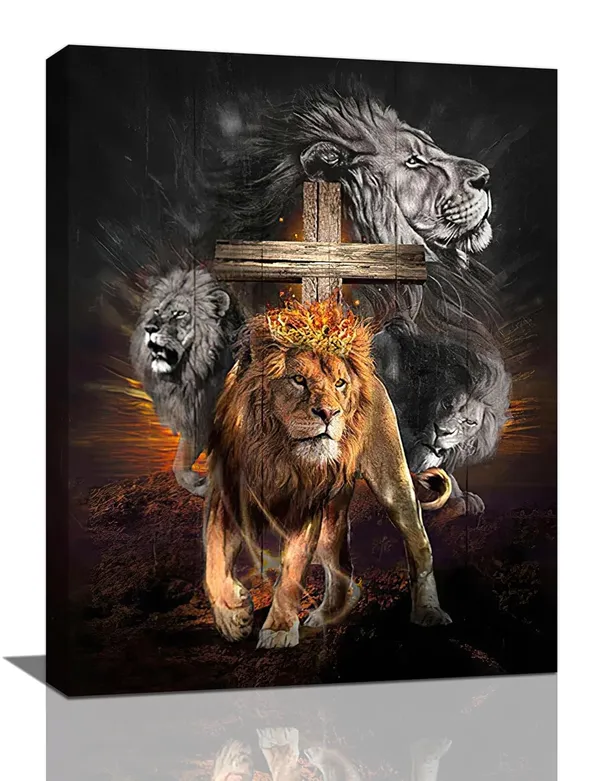 Multicolor_Lion_Cross_Canvas_Wall_Art_Christian_Cross_Lion_Wall_Decor_Jesus_Lion_of_Judah_Pictures_Prints_Scripture_Gifts_Home_Framed_Artwork_|_For_Living_Room_Bedroom_Bathroom_12"x16"