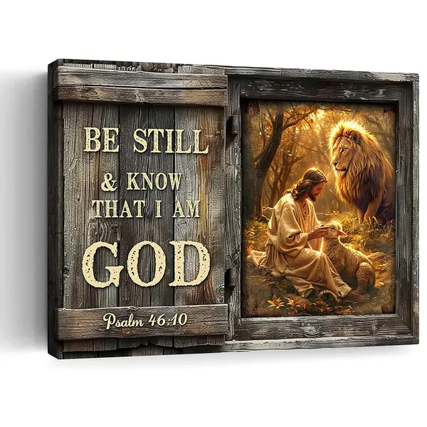 Multicolor_Farmhouse_Inspirational_Bible_Verse_Wall_Art_Be_Still_and_Know_That_I_Am_God_Rustic_Jesus_Lion_Lamb_Canvas_Print_Framed_Artwork_Christian_Scripture_Quotes_Wall_Decor_|_For_Living_Room_Bedroom_12"x16"