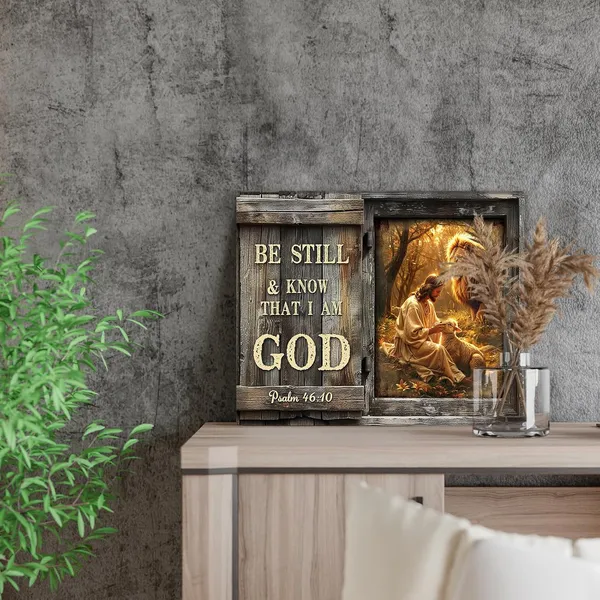 Multicolor_Farmhouse_Inspirational_Bible_Verse_Wall_Art_Be_Still_and_Know_That_I_Am_God_Rustic_Jesus_Lion_Lamb_Canvas_Print_Framed_Artwork_Christian_Scripture_Quotes_Wall_Decor_|_For_Living_Room_Bedroom_12"x16"