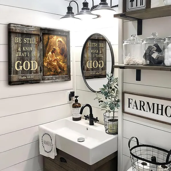 Multicolor_Farmhouse_Inspirational_Bible_Verse_Wall_Art_Be_Still_and_Know_That_I_Am_God_Rustic_Jesus_Lion_Lamb_Canvas_Print_Framed_Artwork_Christian_Scripture_Quotes_Wall_Decor_|_For_Living_Room_Bedroom_12"x16"