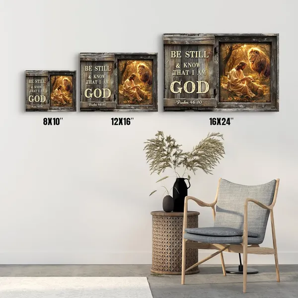 Multicolor_Farmhouse_Inspirational_Bible_Verse_Wall_Art_Be_Still_and_Know_That_I_Am_God_Rustic_Jesus_Lion_Lamb_Canvas_Print_Framed_Artwork_Christian_Scripture_Quotes_Wall_Decor_|_For_Living_Room_Bedroom_12"x16"
