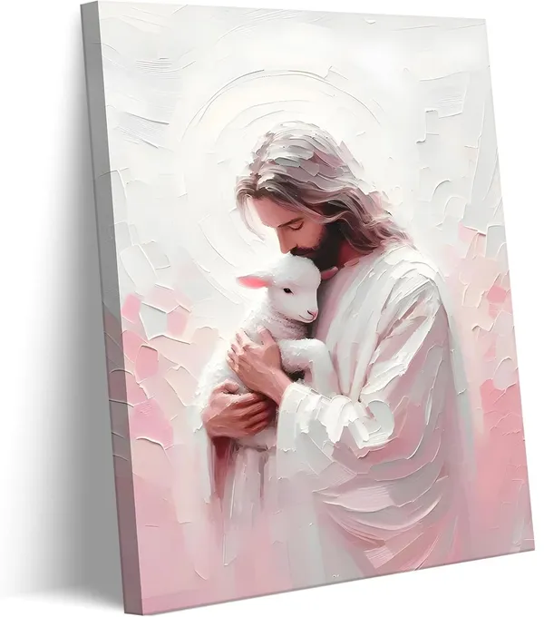 Multicolor_Jesus_and_Lamb_Canvas_Wall_Art_Christian_Bible_Story_Jesus_Finds_the_Lost_Lamb_Wall_Decor_Picture_The_Good_Shepherd_Religious_Faith_Poster_Print_|_For_Church_Living_Room_Bedroom_Decoration_12x16in