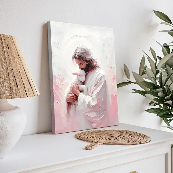 Multicolor_Jesus_and_Lamb_Canvas_Wall_Art_Christian_Bible_Story_Jesus_Finds_the_Lost_Lamb_Wall_Decor_Picture_The_Good_Shepherd_Religious_Faith_Poster_Print_|_For_Church_Living_Room_Bedroom_Decoration_12x16in