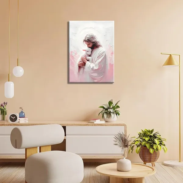 Multicolor_Jesus_and_Lamb_Canvas_Wall_Art_Christian_Bible_Story_Jesus_Finds_the_Lost_Lamb_Wall_Decor_Picture_The_Good_Shepherd_Religious_Faith_Poster_Print_|_For_Church_Living_Room_Bedroom_Decoration_12x16in