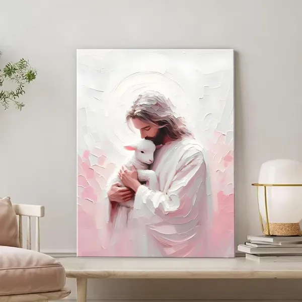 Multicolor_Jesus_and_Lamb_Canvas_Wall_Art_Christian_Bible_Story_Jesus_Finds_the_Lost_Lamb_Wall_Decor_Picture_The_Good_Shepherd_Religious_Faith_Poster_Print_|_For_Church_Living_Room_Bedroom_Decoration_12x16in