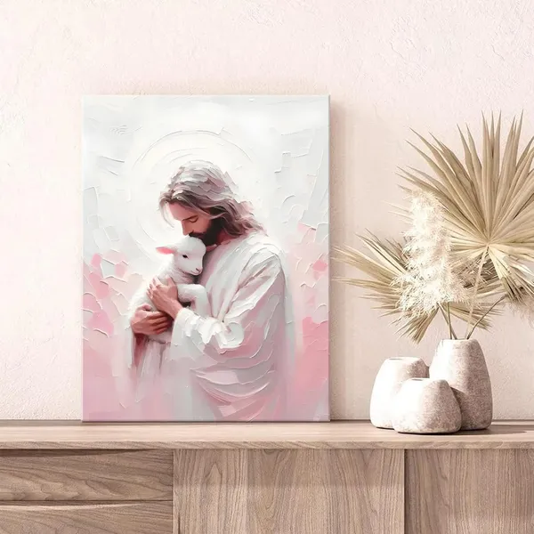 Multicolor_Jesus_and_Lamb_Canvas_Wall_Art_Christian_Bible_Story_Jesus_Finds_the_Lost_Lamb_Wall_Decor_Picture_The_Good_Shepherd_Religious_Faith_Poster_Print_|_For_Church_Living_Room_Bedroom_Decoration_12x16in