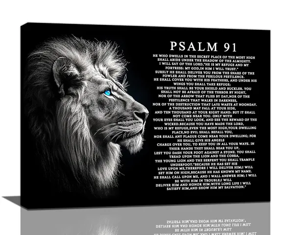 Multicolor_Funaluz_Psalm_91_Wall_Art_Lion_of_Judah_Pictures_Christian_Scripture_Bible_Verse_Wall_Decor_Black_and_White_Canvas_Print_Painting_Artwork_|_For_Church_Office_Living_Room_12"x16"