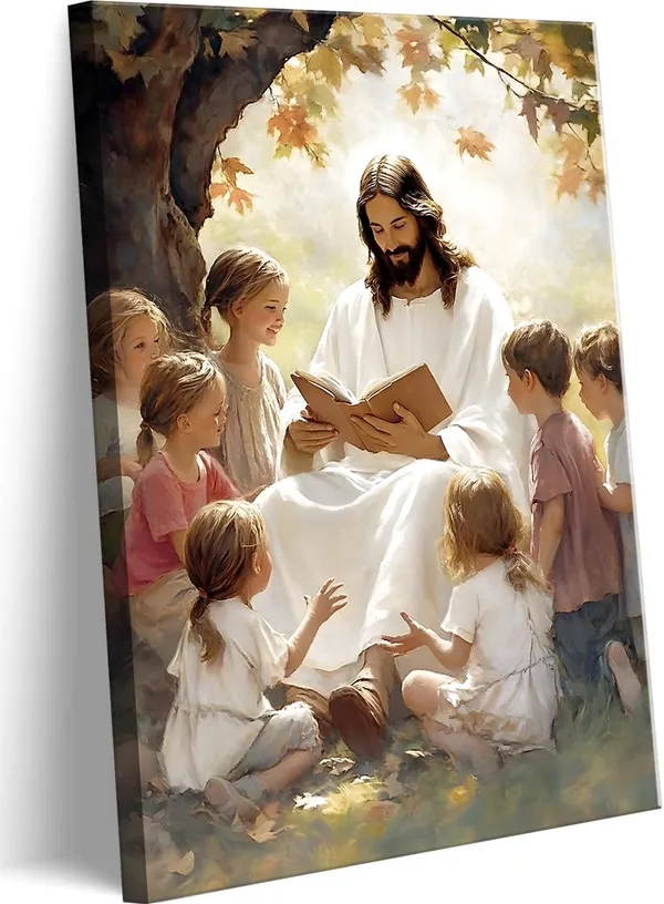 Multicolor_Jesus_With_Children_Canvas_Wall_Art_Jesus_Teaching_Children_Wall_Decor_Pictures_Children_of_God_Poster_Print_|_For_Living_Room_Bedroom_Church_Decorations,_12X16in