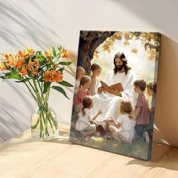 Multicolor_Jesus_With_Children_Canvas_Wall_Art_Jesus_Teaching_Children_Wall_Decor_Pictures_Children_of_God_Poster_Print_|_For_Living_Room_Bedroom_Church_Decorations,_12X16in