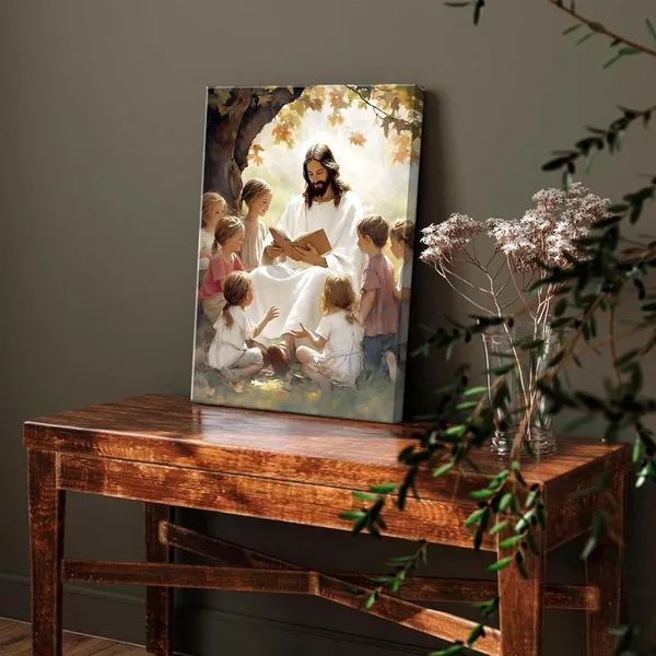 Multicolor_Jesus_With_Children_Canvas_Wall_Art_Jesus_Teaching_Children_Wall_Decor_Pictures_Children_of_God_Poster_Print_|_For_Living_Room_Bedroom_Church_Decorations,_12X16in