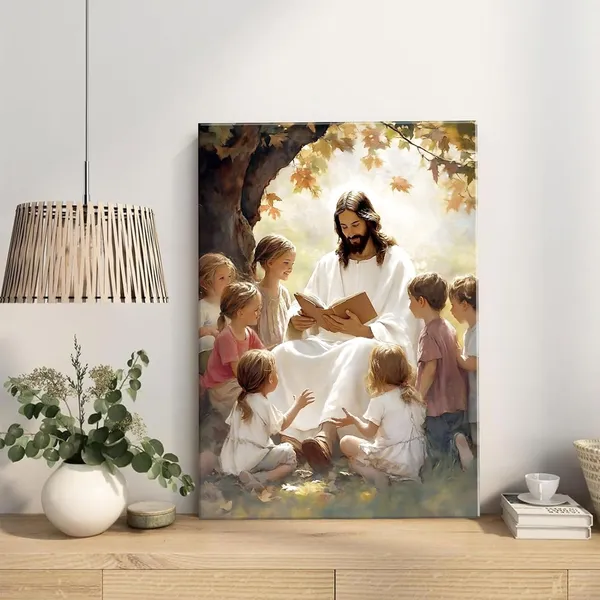 Multicolor_Jesus_With_Children_Canvas_Wall_Art_Jesus_Teaching_Children_Wall_Decor_Pictures_Children_of_God_Poster_Print_|_For_Living_Room_Bedroom_Church_Decorations,_12X16in