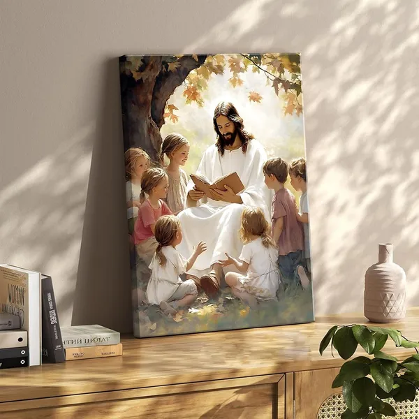 Multicolor_Jesus_With_Children_Canvas_Wall_Art_Jesus_Teaching_Children_Wall_Decor_Pictures_Children_of_God_Poster_Print_|_For_Living_Room_Bedroom_Church_Decorations,_12X16in