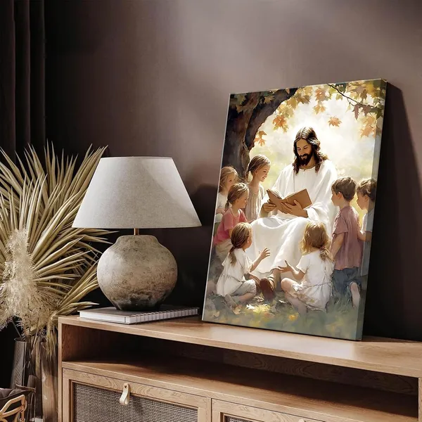 Multicolor_Jesus_With_Children_Canvas_Wall_Art_Jesus_Teaching_Children_Wall_Decor_Pictures_Children_of_God_Poster_Print_|_For_Living_Room_Bedroom_Church_Decorations,_12X16in