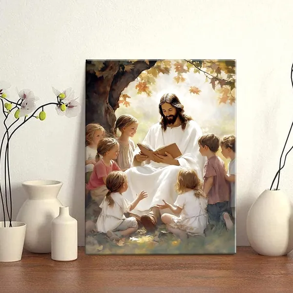 Multicolor_Jesus_With_Children_Canvas_Wall_Art_Jesus_Teaching_Children_Wall_Decor_Pictures_Children_of_God_Poster_Print_|_For_Living_Room_Bedroom_Church_Decorations,_12X16in
