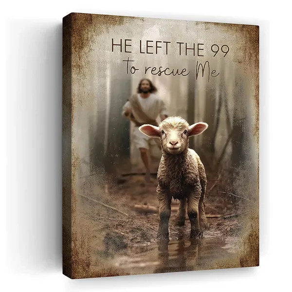 Multicolor_Christian_Jesus_And_Lamb_Wall_Art_Jesus_Running_After_Lost_Lamb_Canvas_Wall_Decor_He_Left_the_99_to_Rescue_Me_Pictures_Framed_Artwork_Print_Painting_|_For_Living_Room_Bedroom_Church_12"X16"