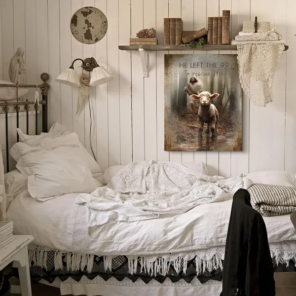 Multicolor_Christian_Jesus_And_Lamb_Wall_Art_Jesus_Running_After_Lost_Lamb_Canvas_Wall_Decor_He_Left_the_99_to_Rescue_Me_Pictures_Framed_Artwork_Print_Painting_|_For_Living_Room_Bedroom_Church_12"X16"