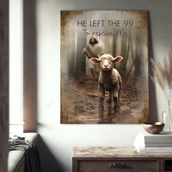 Multicolor_Christian_Jesus_And_Lamb_Wall_Art_Jesus_Running_After_Lost_Lamb_Canvas_Wall_Decor_He_Left_the_99_to_Rescue_Me_Pictures_Framed_Artwork_Print_Painting_|_For_Living_Room_Bedroom_Church_12"X16"
