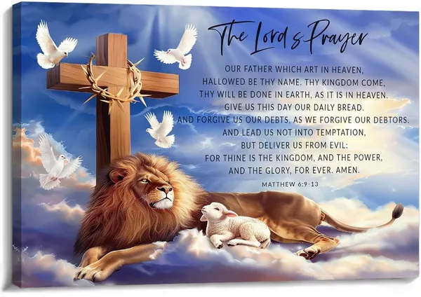 Multicolor_Lords_Prayer_Wall_Art_Bible_Verse_Poster_Canvas_Framed_Lion_And_Lamb_Pictures_Wall_Decor_Prints,_Christian_Wall_Art_Lion_And_Judah_Poster_12x18_inches