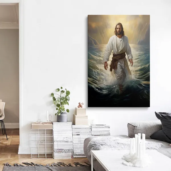 Multicolor_Framed_Jesus_Christ_Walking_On_The_Water_Canvas_Wall_Art_Jesus_God_Portrait_Christian_Religious_Bible_Decor_Posters_|_For_Living_Room_Bathroom_Home_Office_Artwork_Gift_Ready_To_Hang_(12x16_Inches)
