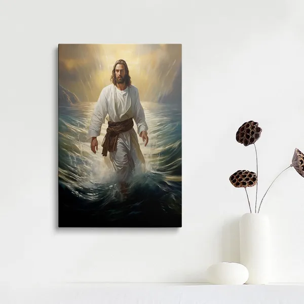 Multicolor_Framed_Jesus_Christ_Walking_On_The_Water_Canvas_Wall_Art_Jesus_God_Portrait_Christian_Religious_Bible_Decor_Posters_|_For_Living_Room_Bathroom_Home_Office_Artwork_Gift_Ready_To_Hang_(12x16_Inches)