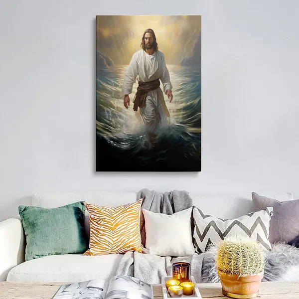 Multicolor_Framed_Jesus_Christ_Walking_On_The_Water_Canvas_Wall_Art_Jesus_God_Portrait_Christian_Religious_Bible_Decor_Posters_|_For_Living_Room_Bathroom_Home_Office_Artwork_Gift_Ready_To_Hang_(12x16_Inches)