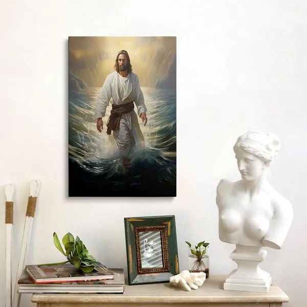 Multicolor_Framed_Jesus_Christ_Walking_On_The_Water_Canvas_Wall_Art_Jesus_God_Portrait_Christian_Religious_Bible_Decor_Posters_|_For_Living_Room_Bathroom_Home_Office_Artwork_Gift_Ready_To_Hang_(12x16_Inches)