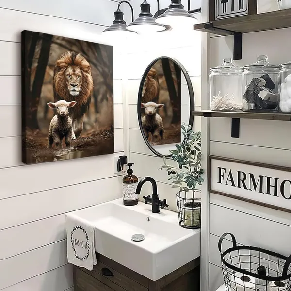 Multicolor_Motivational_Lion_And_Lamb_Christian_Jesus_Bible_Inspirational_Quotes_Prints_Painting_Pictures_Christian_Religious_Animals_Wall_Art_Decor_Canvas_Framed_|_For_Bedroom_Living_Room_Bathroom_Kitchen_Home