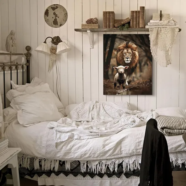 Multicolor_Motivational_Lion_And_Lamb_Christian_Jesus_Bible_Inspirational_Quotes_Prints_Painting_Pictures_Christian_Religious_Animals_Wall_Art_Decor_Canvas_Framed_|_For_Bedroom_Living_Room_Bathroom_Kitchen_Home
