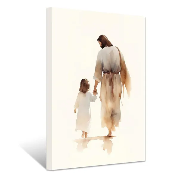 Multicolor_Jesus_Canvas_Wall_Art_God_and_Girl_Back_View_Pictures_Prints_Christian_Spiritual_Poster_Watercolor_Artwork_|_For_Prayer_Room_Living_Room_Framed(3,_(12.00"_x_18.00"))