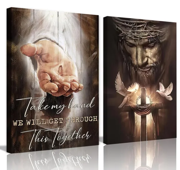 Multicolor_2Pcs_Framed_Jesus_Christian_Wall_Art_and_'Hand_of_God'_Bible_Verse_Canvas_Wall_Art_|_For_Living_room_Bedroom_Church_Decoration_and_Decor_Gifts_Ready_To_Hang(12x16in)