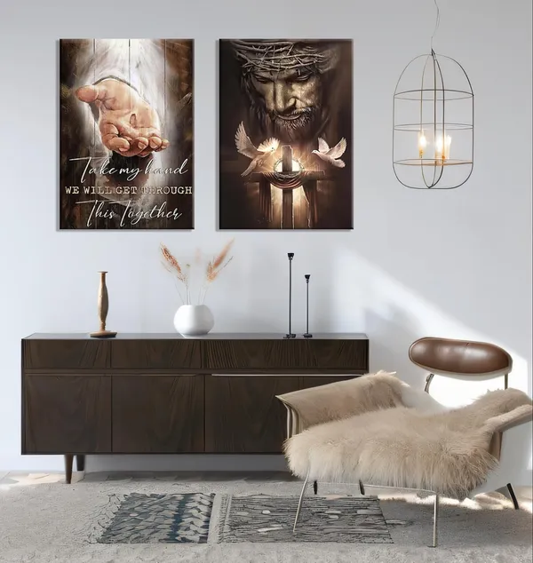Multicolor_2Pcs_Framed_Jesus_Christian_Wall_Art_and_'Hand_of_God'_Bible_Verse_Canvas_Wall_Art_|_For_Living_room_Bedroom_Church_Decoration_and_Decor_Gifts_Ready_To_Hang(12x16in)