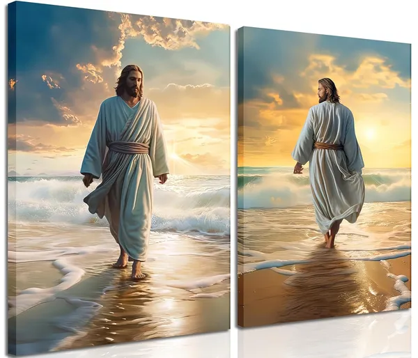 Multicolor_Framed_Jesus_Wall_Art,_Jesus_Walking_on_the_Beach_Canvas_Christian_Religious_Canvas_Wall_Decoration,_Christ_Picture_Poster_Printing_Living_Room_Painting_Bedroom_Church_Decor_12x16_Inch_Set_of_2