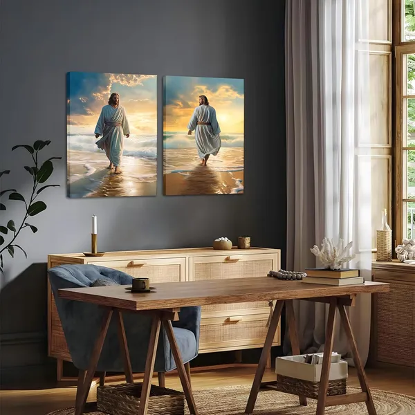 Multicolor_Framed_Jesus_Wall_Art,_Jesus_Walking_on_the_Beach_Canvas_Christian_Religious_Canvas_Wall_Decoration,_Christ_Picture_Poster_Printing_Living_Room_Painting_Bedroom_Church_Decor_12x16_Inch_Set_of_2