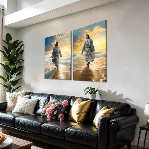 Multicolor_Framed_Jesus_Wall_Art,_Jesus_Walking_on_the_Beach_Canvas_Christian_Religious_Canvas_Wall_Decoration,_Christ_Picture_Poster_Printing_Living_Room_Painting_Bedroom_Church_Decor_12x16_Inch_Set_of_2