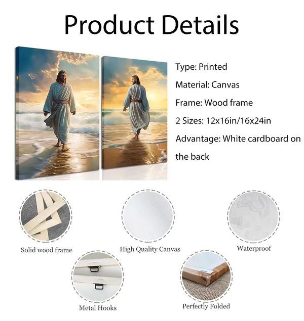 Multicolor_Framed_Jesus_Wall_Art,_Jesus_Walking_on_the_Beach_Canvas_Christian_Religious_Canvas_Wall_Decoration,_Christ_Picture_Poster_Printing_Living_Room_Painting_Bedroom_Church_Decor_12x16_Inch_Set_of_2